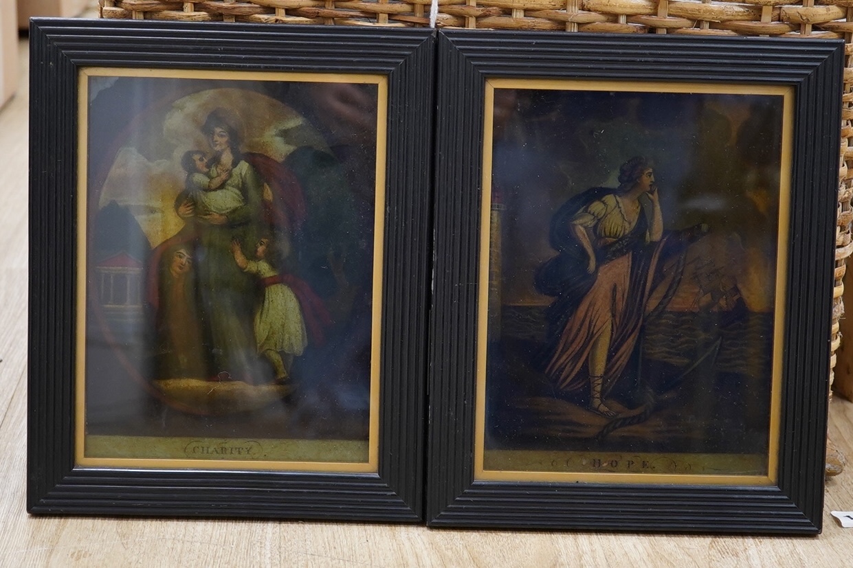 A pair of 18th / 19th century, reverse glass painted prints, ‘Hope’ & ‘Charity’, housed in ebonised frames, 21 x 16cm. Condition - fair